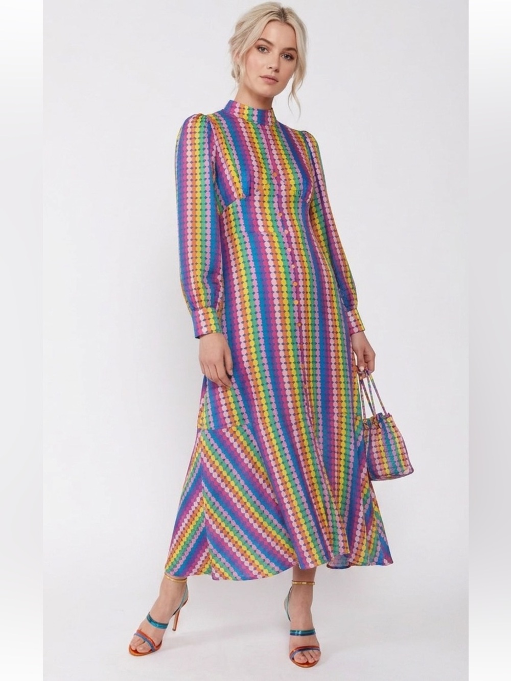 Olivia Rubin Agnes Rainbow Maxi Dress Size 4 Bold Boho Designer Maximalist